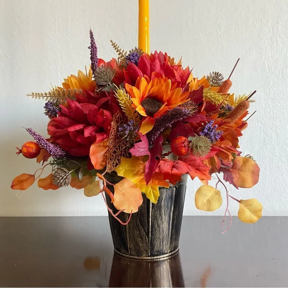 Faux Floral Candle Centerpiece With Sunflowers/Mums